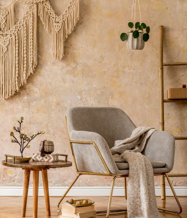 Stylish oriental living room with design armchair.
